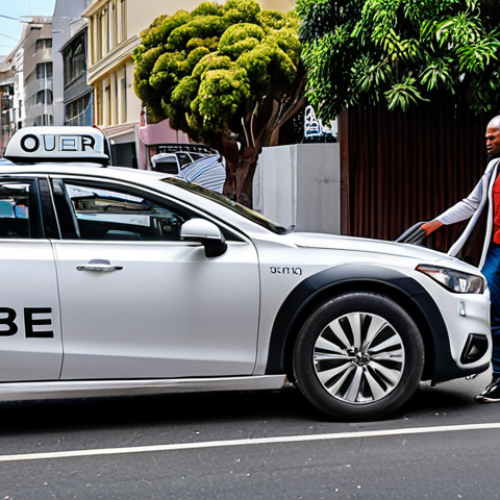 Johannesburg or Cape Town cityscape, Uber car picking up a traveler with luggage, focus on safety features like driver photo in the app.