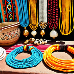 **Prompt:** Colorful African beaded jewelry, necklaces and bracelets, displayed on a market stall with vibrant textiles in the background, sunny atmosphere.