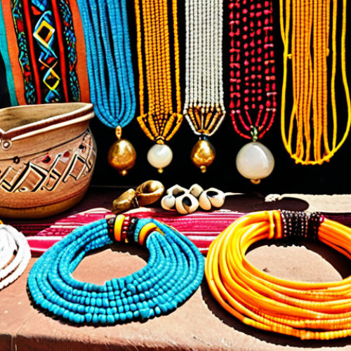 **Prompt:** Colorful African beaded jewelry, necklaces and bracelets, displayed on a market stall with vibrant textiles in the background, sunny atmosphere.