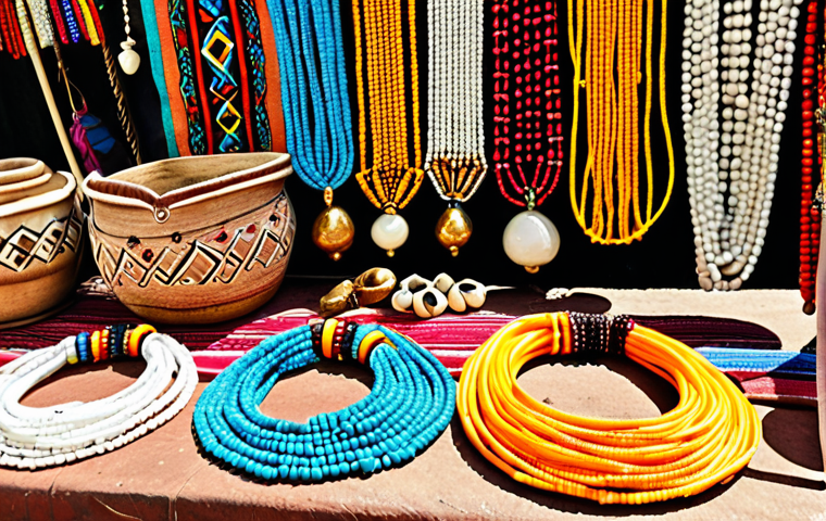 **Prompt:** Colorful African beaded jewelry, necklaces and bracelets, displayed on a market stall with vibrant textiles in the background, sunny atmosphere.
