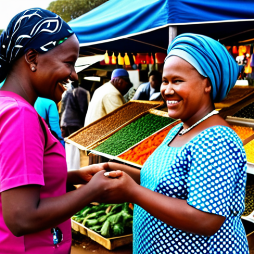 A vibrant scene at a bustling South African outdoor market. A diverse traveler, fully clothed in modest, comfortable attire, exchanges a warm smile and greeting with a local artisan, also fully clothed in appropriate, traditional-inspired dress. Colorful market stalls filled with intricate beadwork and fresh produce create a rich, inviting backdrop. The focus is on authentic, friendly cultural interaction and mutual respect. Perfect anatomy, correct proportions, natural pose, well-formed hands, proper finger count, natural body proportions, professional photography, high quality, safe for work, appropriate content, fully clothed, modest, family-friendly.