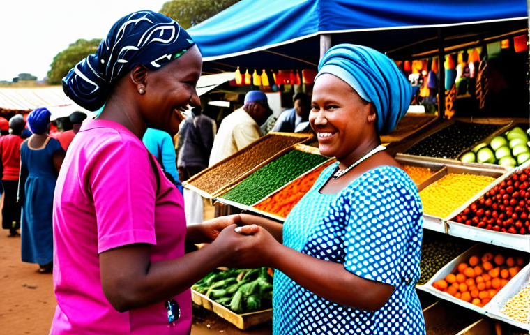 A vibrant scene at a bustling South African outdoor market. A diverse traveler, fully clothed in modest, comfortable attire, exchanges a warm smile and greeting with a local artisan, also fully clothed in appropriate, traditional-inspired dress. Colorful market stalls filled with intricate beadwork and fresh produce create a rich, inviting backdrop. The focus is on authentic, friendly cultural interaction and mutual respect. Perfect anatomy, correct proportions, natural pose, well-formed hands, proper finger count, natural body proportions, professional photography, high quality, safe for work, appropriate content, fully clothed, modest, family-friendly.
