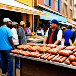 A vibrant South African street food market scene. Focus on a colorful food stall displaying various local delicacies like golden-brown Boerewors sausages and a hearty Bunny Chow in a hollowed-out bread. In the background, diverse, fully clothed local people in modest, appropriate attire are browsing and interacting, creating a bustling, family-friendly atmosphere. The lighting is bright and natural, capturing the essence of a lively outdoor market. Professional photography, high quality, perfect anatomy, correct proportions, natural pose, well-formed hands, proper finger count, natural body proportions, safe for work, appropriate content.