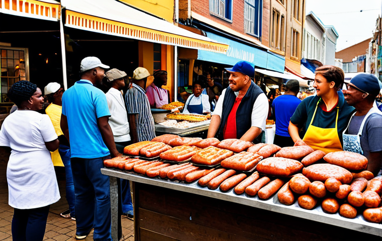 A vibrant South African street food market scene. Focus on a colorful food stall displaying various local delicacies like golden-brown Boerewors sausages and a hearty Bunny Chow in a hollowed-out bread. In the background, diverse, fully clothed local people in modest, appropriate attire are browsing and interacting, creating a bustling, family-friendly atmosphere. The lighting is bright and natural, capturing the essence of a lively outdoor market. Professional photography, high quality, perfect anatomy, correct proportions, natural pose, well-formed hands, proper finger count, natural body proportions, safe for work, appropriate content.