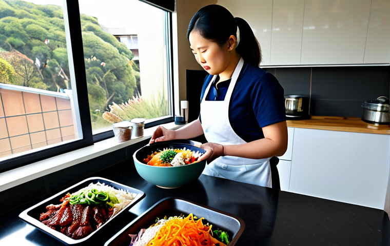 Korean Meal Prep in a South African Kitchen**

"A modern kitchen in Johannesburg, South Africa. A woman wearing a modest apron prepares a vibrant bibimbap bowl. Ingredients are neatly arranged: colorful vegetables, seasoned meat, and a gochujang sauce bottle. Sunlight streams through the window, illuminating the scene. safe for work, appropriate content, fully clothed, professional, perfect anatomy, correct proportions, high-resolution, professional photography, family-friendly."

**