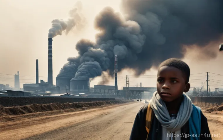 남아공 대기오염 문제 및 원인 - **Prompt:** A somber, realistic depiction of an urban landscape in South Africa under heavy air poll...