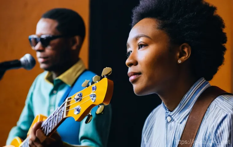 남아공 민속 음악 음바칸가 - A vibrant and energetic Mbaqanga live concert in South Africa. The scene features a diverse, joyous ...