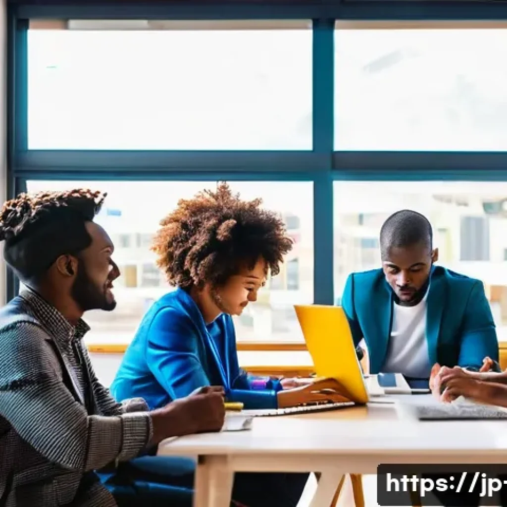 남아공 스타트업 및 창업 환경 - **Prompt: Vibrant African Innovation Hub**
A dynamic and brightly lit co-working space bustling ...