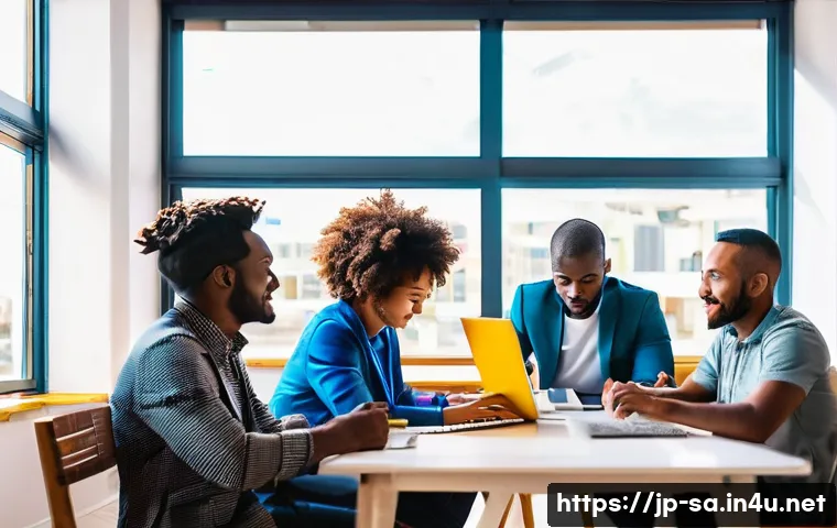 남아공 스타트업 및 창업 환경 - **Prompt: Vibrant African Innovation Hub**
    A dynamic and brightly lit co-working space bustling ...