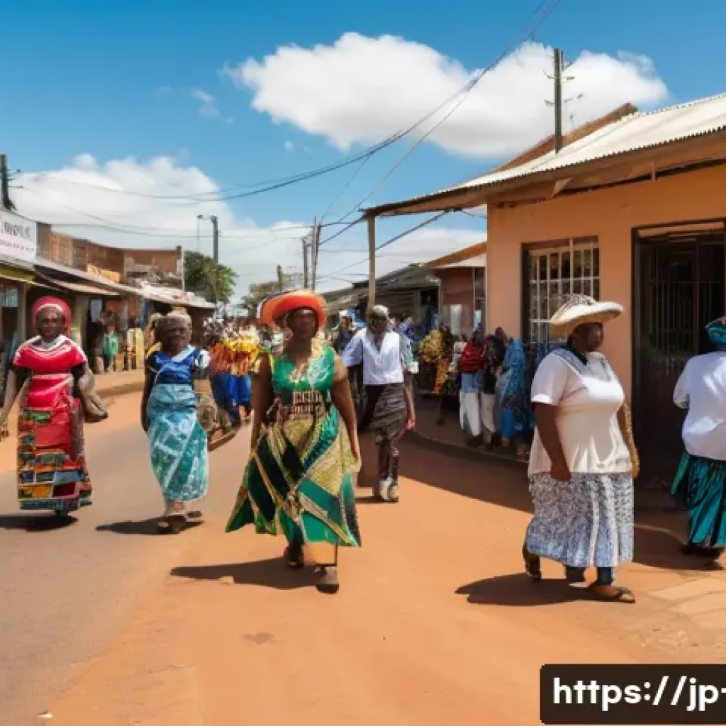남아공 11개 공식 언어 비교 - A vibrant street scene in KwaZulu-Natal, South Africa, showcasing a diverse group of people engaging...
