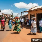 남아공 11개 공식 언어 비교 - A vibrant street scene in KwaZulu-Natal, South Africa, showcasing a diverse group of people engaging...
