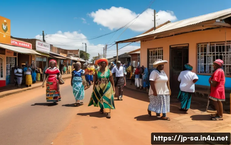 남아공 11개 공식 언어 비교 - A vibrant street scene in KwaZulu-Natal, South Africa, showcasing a diverse group of people engaging...