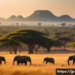 남아공에서 볼 수 있는 야생동물 - A breathtaking South African savanna landscape at golden hour, showcasing a vast expanse of dry gras...