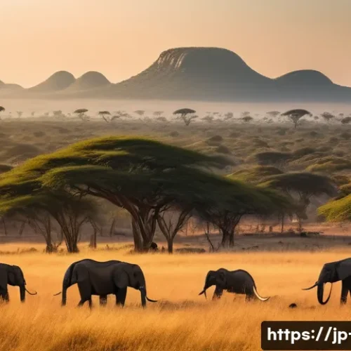 남아공에서 볼 수 있는 야생동물 - A breathtaking South African savanna landscape at golden hour, showcasing a vast expanse of dry gras...