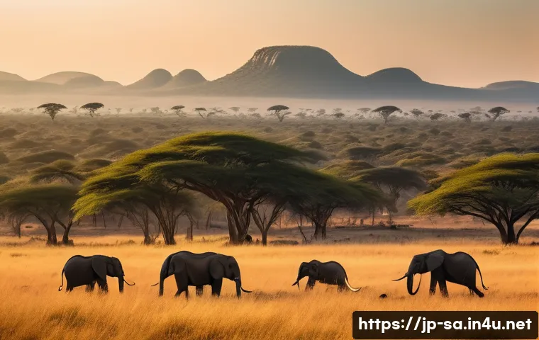 남아공에서 볼 수 있는 야생동물 - A breathtaking South African savanna landscape at golden hour, showcasing a vast expanse of dry gras...