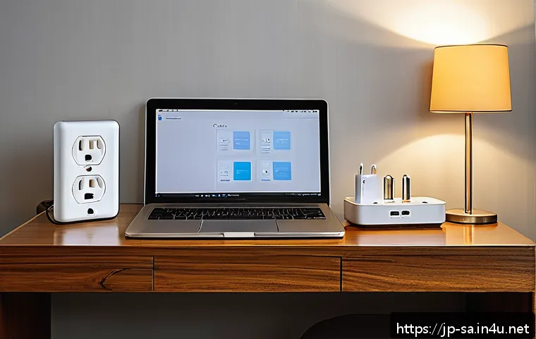 남아프리카 공화국 전압 및 콘센트 정보 - A modern hotel room in South Africa featuring multiple types of electrical outlets on the wall, prom...
