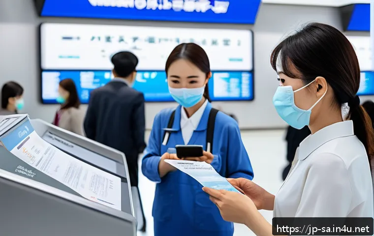 남아공에서 한국으로 귀국하는 방법 - A detailed airport scene showing a Japanese traveler preparing documents for South Africa to Korea f...
