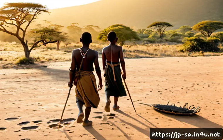 남아프리카 원주민 역사 - Photorealistic historical reenactment of Khoisan hunter-gatherers in southern Africa, a small family...
