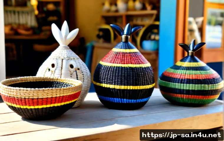 남아프리카 공화국 전통 공예품 쇼핑 리스트 - Photorealistic artisan shopping display in Cape Town, South Africa: handwoven Zulu grass baskets, co...